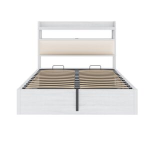 Cama 140x200 - Con mecanismo hidráulico, USB, cabecera acolchada, diseño vintage de madera y metal, almacenamiento oculto - Blanco