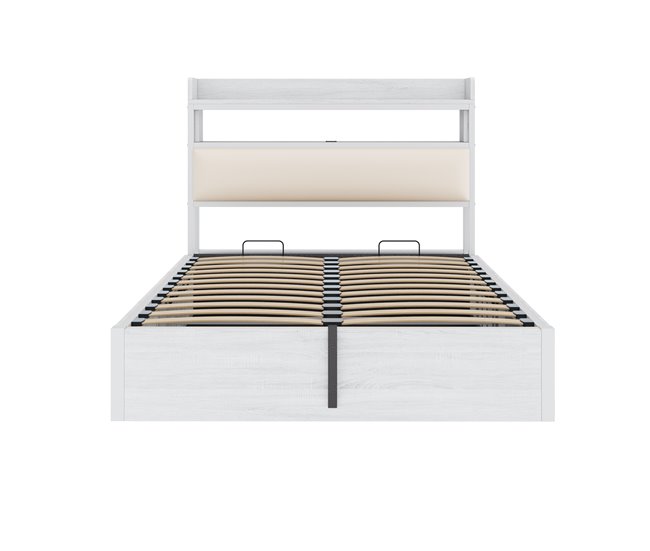 Cama 140x200 - Con mecanismo hidráulico, USB, cabecera acolchada, diseño vintage de madera y metal, almacenamiento oculto - Blanco