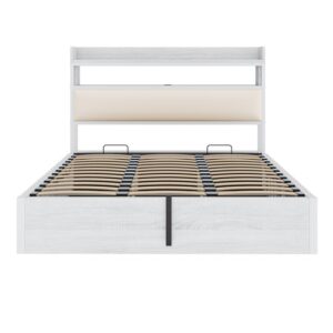 Cama 180x200 - Con elevación hidráulica, USB, cabecero acolchado, diseño vintage de madera y metal, con almacenamiento oculto - Blanco