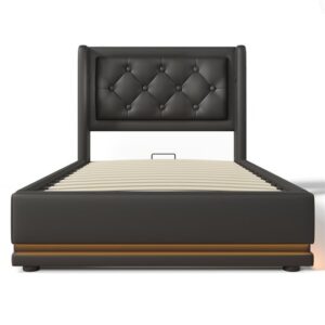 Cama canapé acolchada de 90 x 200 cm en símil piel - con función de carga y LED a los pies de la cama - Negro