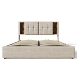 Cama canapé tapizada 180x200 cm - con cabezal de almacenamiento y carga inalámbrica - tela de lino - Beige
