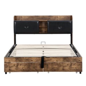 Cama con almacenaje 140x200cm - con cabecero con almacenaje y somier de láminas de metal - Natural oscuro y negro