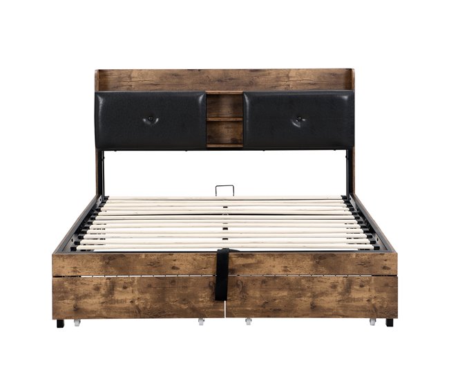 Cama con almacenaje 140x200cm - con cabecero con almacenaje y somier de láminas de metal - Natural oscuro y negro