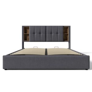 Cama con almacenaje acolchada 140x200 cm - con cabezal de almacenamiento y carga inalámbrica - tejido de algodón - Gris