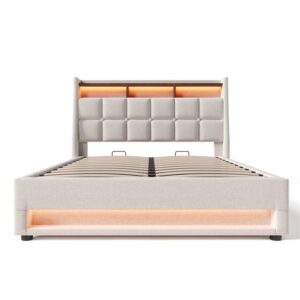 Cama con almacenaje de lino 160x200 cm con LED y puertos USB - somier - beige