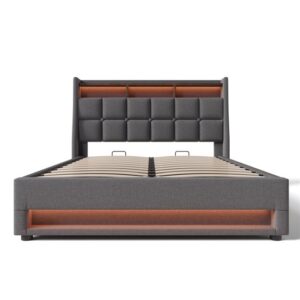 Cama con almacenaje de lino 180x200 cm con LED y puertos USB - somier - gris