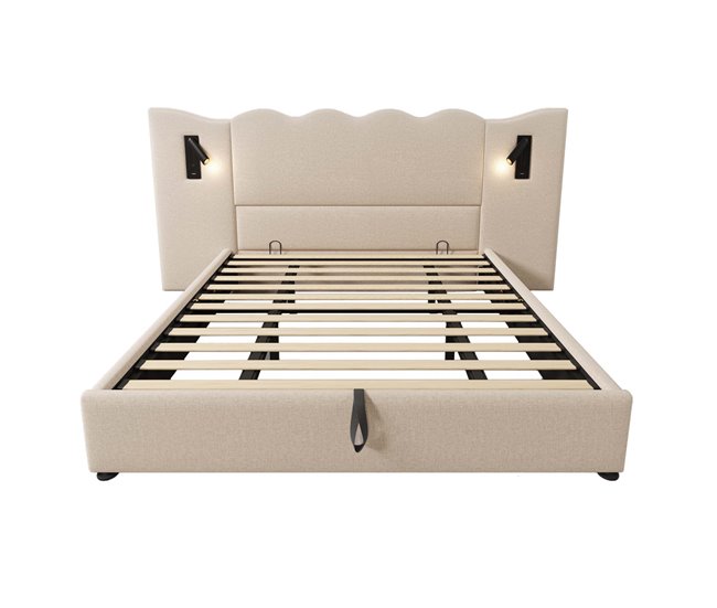 Cama con almacenaje de lino 180x200 cm - con luz de lectura y función de carga - con somier - Beige
