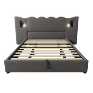 Cama con almacenaje de lino 180x200 cm - con luz de lectura y función de carga - con somier - Gris