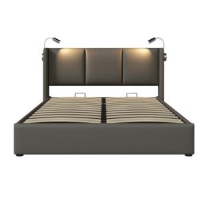 Cama con almacenaje de tela de lino de 160x200 cm - con luces de lectura y puertos de carga USB - con somier - Gris