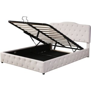 Cama contenedor 140x200 cm en piel sintética - con cabecero ajustable - Blanco