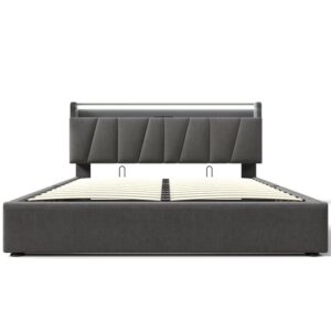 Cama contenedor 160x200cm - con LED y puertos de carga - tela de lino - Gris