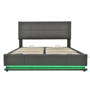 Cama contenedor 160x200cm en símil piel con LED + somier + cabecero ajustable - Gris