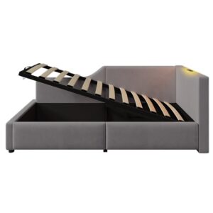 Cama contenedor 90x190cm - Sofá cama de terciopelo - con luz de lectura y puertos de carga - con somier - Gris