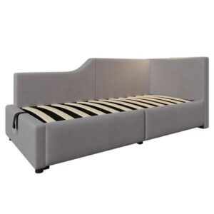 Cama contenedor 90x200cm - Sofá cama de terciopelo - con luz de lectura y puertos de carga - con somier - Gris