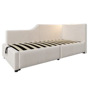 Cama contenedor 90x200cm - Sofá cama de terciopelo - con luz de lectura y puertos de carga - con somier - Beige