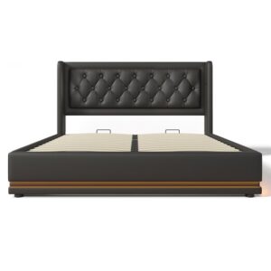 Cama contenedor acolchada 140 x 200 cm en símil piel - con función de carga y LED a los pies de la cama - Negro