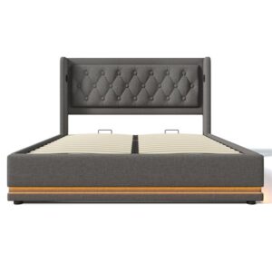 Cama contenedor acolchada 160 x 200 cm en tejido de algodón - con función de carga y LED a los pies de la cama - Gris