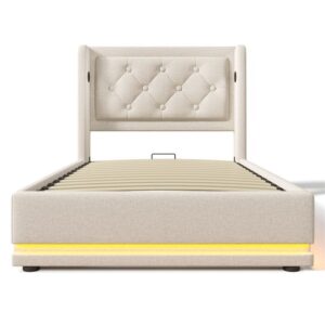 Cama contenedor acolchada de 90 x 200 cm en tejido de algodón - con función de carga y LED a los pies de la cama - Beige