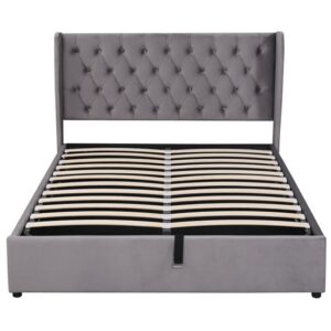 Cama contenedor acolchada de terciopelo 140x190 cm con somier de láminas - Gris
