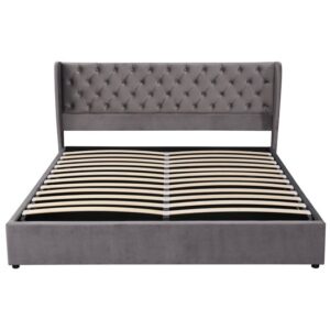 Cama contenedor acolchada de terciopelo 180x200 cm con somier de láminas - Gris