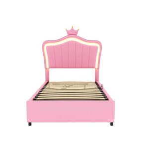 Cama contenedor de piel sintética 90x200 cm - con LED y somier - Rosa