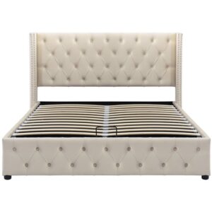 Cama contenedor de terciopelo con somier de láminas 140x200 cm - Beige