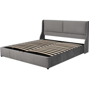 Cama contenedor tapizada 160x200cm en terciopelo - cama contenedor con somier de láminas - Gris