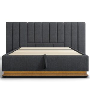 Cama contenedor tapizada de lino 180×200cm - con LED y carga - con somier - Gris