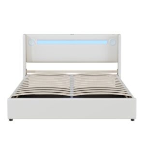 Cama contenedor tapizada en piel sintética 160x200 cm con LED, reproductor Bluetooth y puertos de carga USB - con somier - Blanco