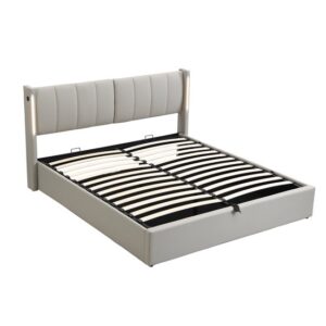 Cama contenedor tapizada en piel sintética - 180x200 cm - con puerto USB y LED - cabecero de ángulo ajustable - Gris