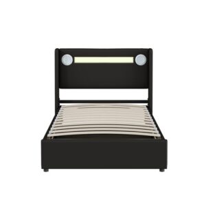 Cama contenedor tapizada en piel sintética de 90x200 cm con LED, reproductor Bluetooth y puertos de carga USB - con somier - Negro