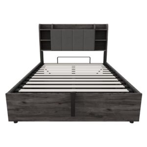 Cama de madera 140x200 cm - Cama hidráulica, cabecero con almacenamiento, USB y toma de corriente tipo C - Gris