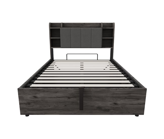 Cama de madera 140x200 cm - Cama hidráulica, cabecero con almacenamiento, USB y toma de corriente tipo C - Gris