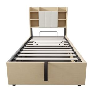 Cama de madera 90x200 cm - Cama hidráulica, con cabecero y almacenamiento, puertos USB y toma de corriente Tipo-C - Madera natural