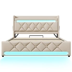 Cama doble 140x200 - cabecero con almacenamiento USB y puerto Tipo C, LED 360° y canapé hidráulico - Beige