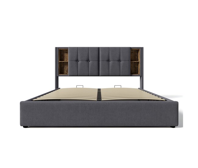 Cama doble 140x200cm - Cama tapizada con carga inalámbrica USB C, con almacenamiento, somier de madera - Gris algodón