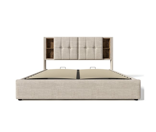 Cama doble 140x200cm - Carga inalámbrica USB C, Estructura de madera con almacenamiento, Cabecero ajustable - Natural