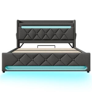 Cama doble 160x200 - Cabecero con almacenamiento, puertos USB y tipo C, función LED 360 - Gris