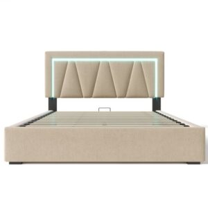 Cama doble 160x200 - Cama juvenil con USB tipo C y luz LED - Estructura de lino - Gris