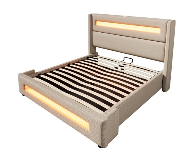 Cama doble 160x200 cm - Cama juvenil con LED, con almacenamiento hidráulico y carga USB Type-C - Beige