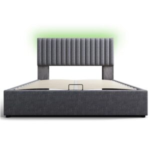 Cama doble 160x200cm - Polsterbett con almacenamiento, LED, control por app, carga USB Type C, cabecero ajustable - Gris