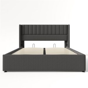 Cama doble hidráulica 140x200 - con somier de madera y metal, tapizado en lino - Gris