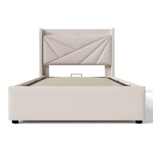 Cama individual 90x200 - almacenamiento con USB Tipo C y cabecero, estructura de lino, somier incluido - Gris