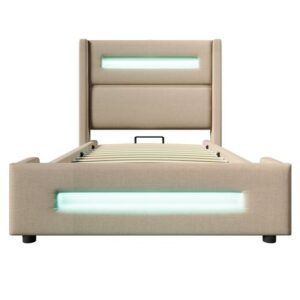 Cama individual 90x200 cm - Cama juvenil con LED, almacenamiento hidráulico, carga USB Type-C - Beige