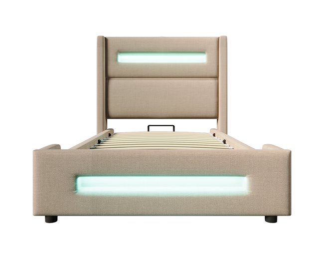 Cama individual 90x200 cm - Cama juvenil con LED, almacenamiento hidráulico y carga USB Type-C - Beige