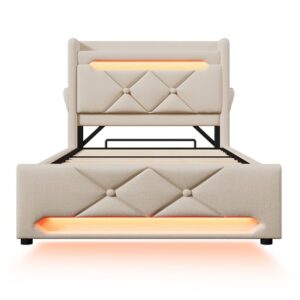 Cama individual 90x200 - Con almacenamiento y LED 360 - Beige