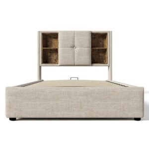 Cama individual 90x200cm - Carga inalámbrica USB-C, con almacenamiento, base de madera, lino natural (Con colchón)