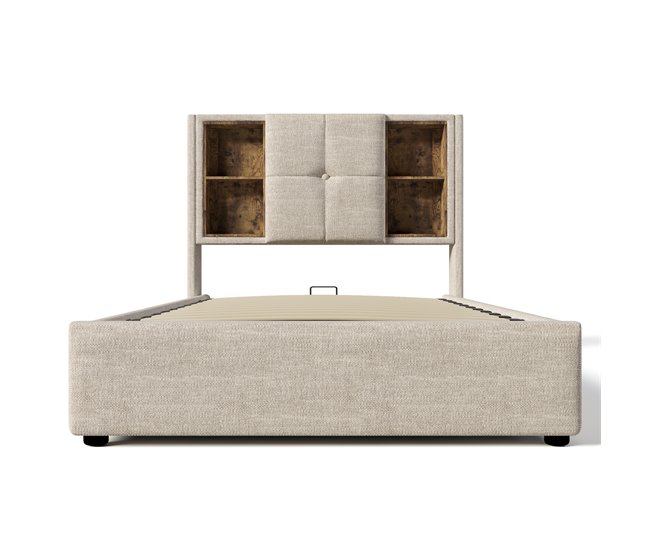 Cama individual 90x200cm - Carga inalámbrica USB-C, con almacenamiento, base de madera, lino natural (Con colchón)