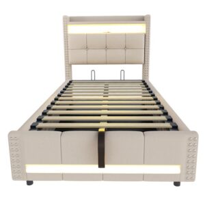 Cama infantil 90x200 - con LED, USB, cabezal con estantes y almacenamiento, hidráulico para almacenamiento - Beige