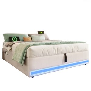 Cama tapizada 140*200 cm - LED con mando a distancia, USB y Type-C, almacenamiento hidráulico - Beige